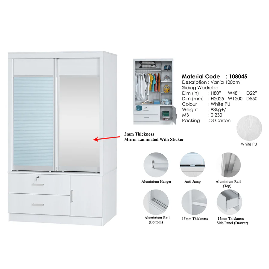 Vania 120 cm Sliding Wardrobe - Image 32
