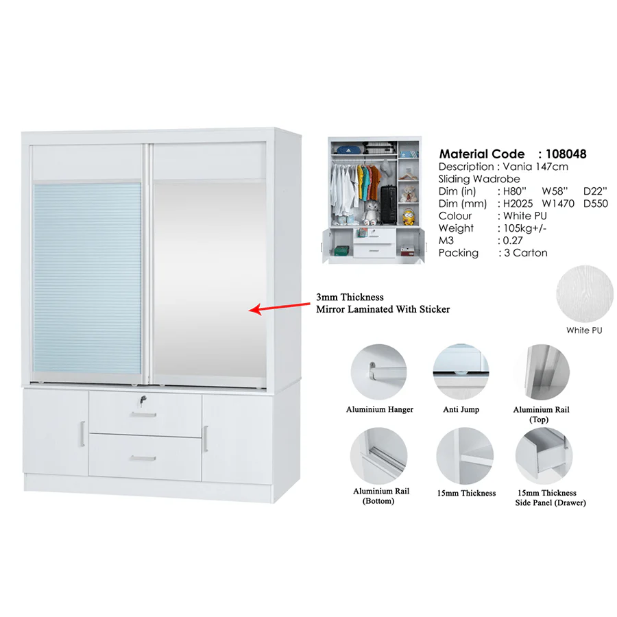 Vania 147 cm Sliding Wardrobe - Image 15