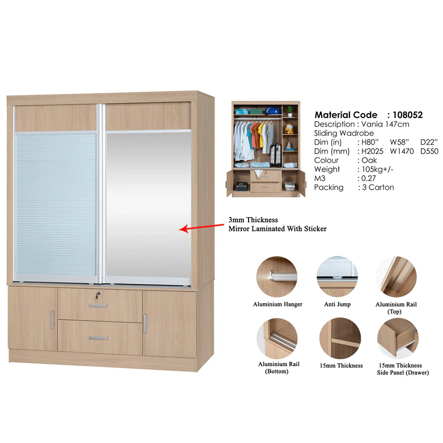 Vania 147 cm Sliding Wardrobe - Image 24