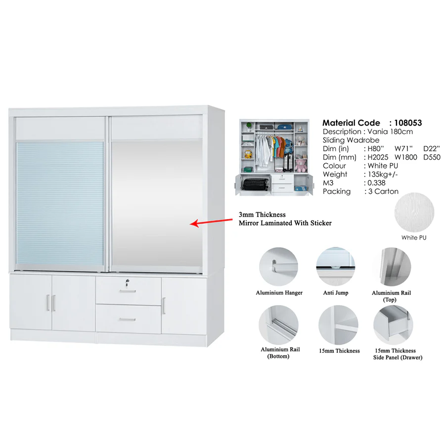 Vania 180 cm Sliding Wardrobe - Image 10