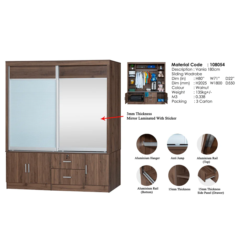 Vania 180 cm Sliding Wardrobe - Image 20